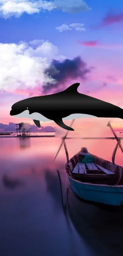 Whale above a boat during a vibrant sunset over the ocean.