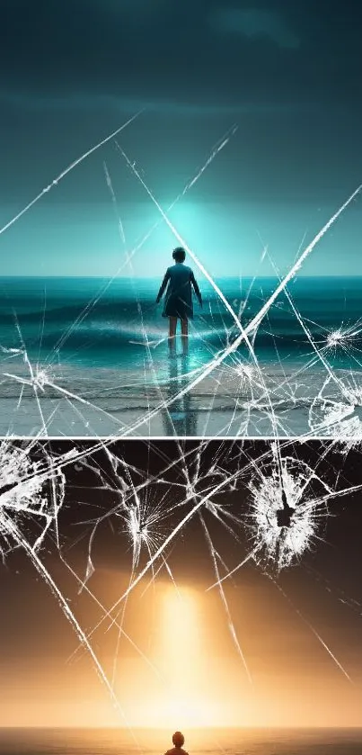 Dual-tone mobile wallpaper with serene ocean views and contrasting light.