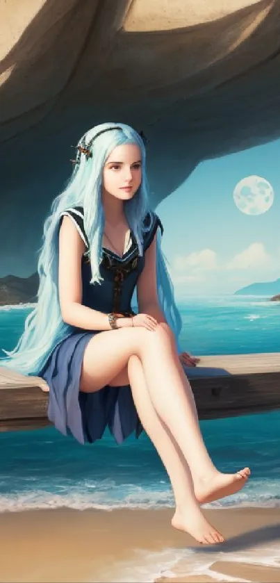 Fantasy woman by the ocean in moonlit scene.