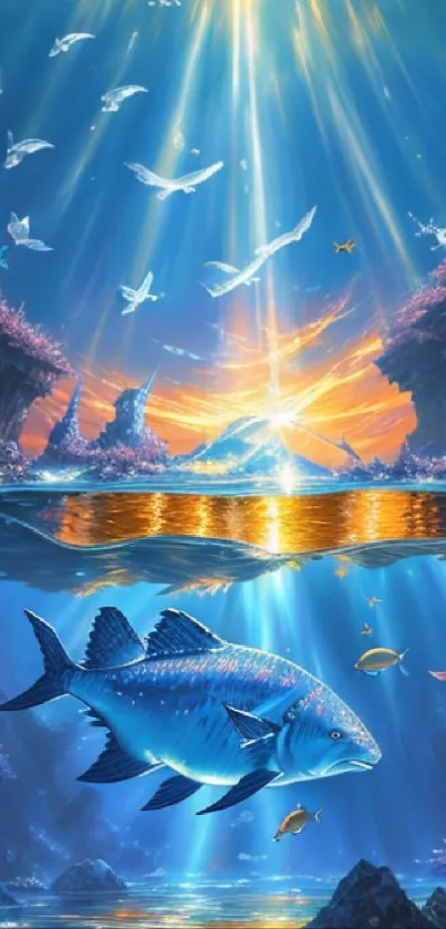 Ocean fantasy art wallpaper with vibrant marine life and mystical sunlight.