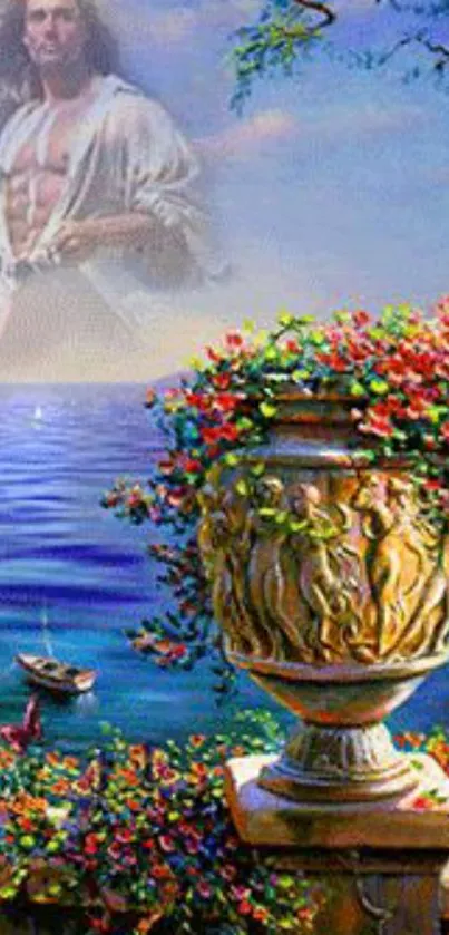 Fantasy landscape with ocean, flowers, and a floating figure.