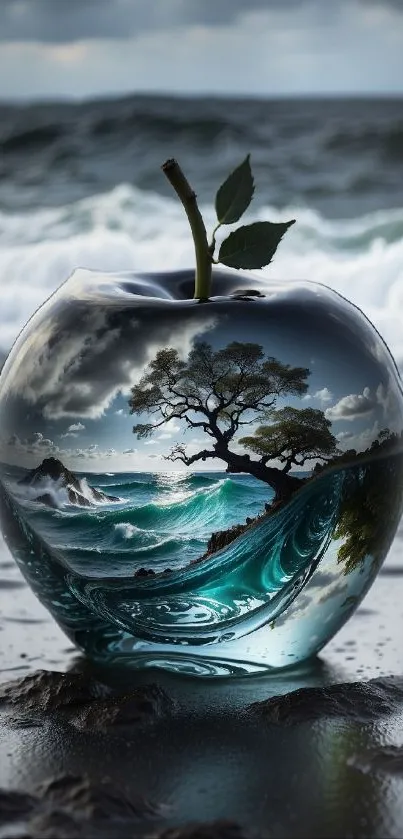 Ocean scene inside glass apple with tree and waves.