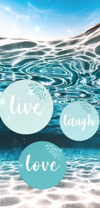 Inspirational teal ocean wallpaper with 'live, laugh, love' message.