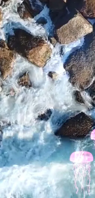 Serene ocean scene with pink jellyfish and rocks.