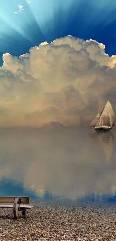 Serene ocean landscape with sailboat and dramatic clouds.