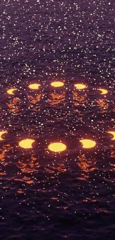 Glowing circles reflecting on calm ocean surface at dusk.