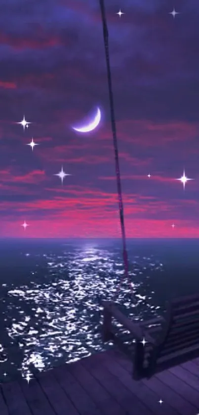 Serene ocean night scene with crescent moon and purple sky.