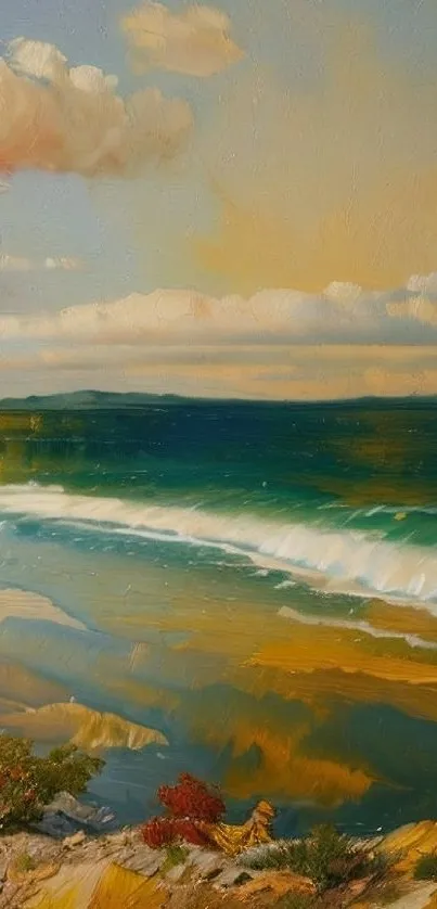 Impressionistic painting of an ocean with waves and a vibrant, colorful sky.