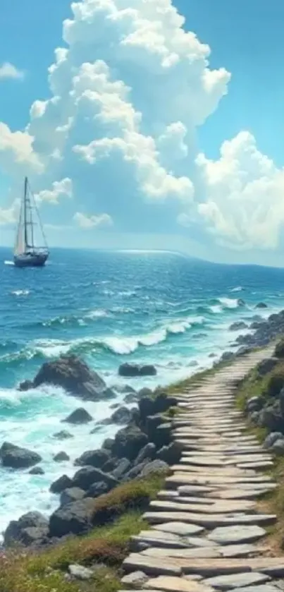 Pathway along rocky coast with sailboat and clouds.