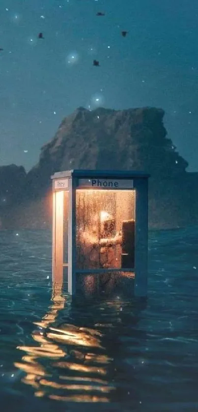 Phone booth in ocean at twilight with island and dark blue sky.