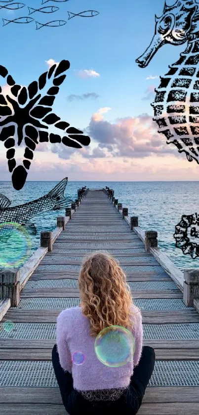 A woman sits on a pier overlooking the ocean with artistic sea creatures.