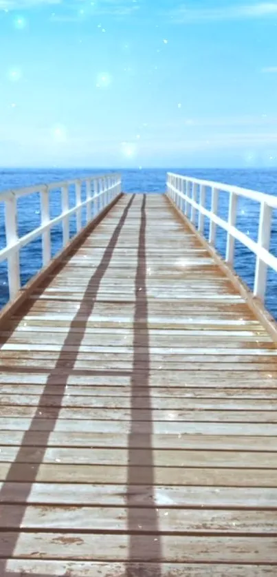 Serene ocean pier view with sparkling blue skies.