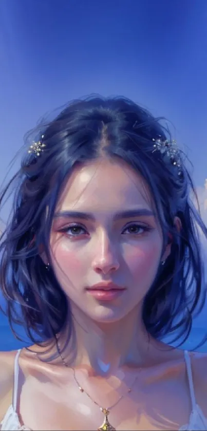 Portrait of a woman with an ocean background, featuring deep blue tones.