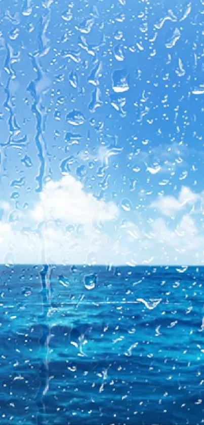 Mobile wallpaper with ocean view and raindrops on a blue sky.