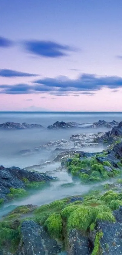 Serene ocean rocks with lush greenery in a calming sea landscape.