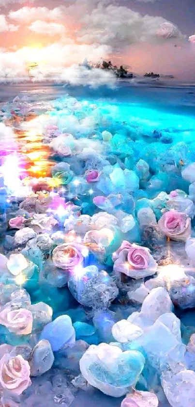 Beautiful sunset over an ocean with roses floating gently.