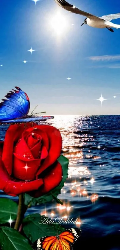 Red rose and butterfly by serene ocean with seagull flying at horizon.