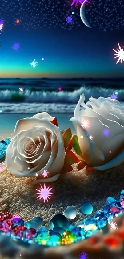 White roses on beach with starry night sky and ocean waves.