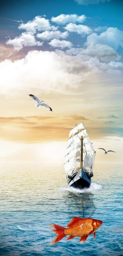 Serene ocean wallpaper with sailboat, seagulls, and a goldfish in vibrant colors.