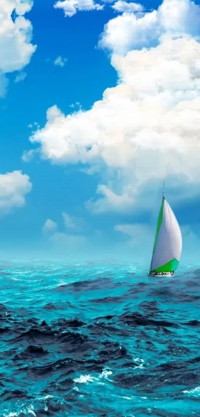 Sailboat on a vibrant blue ocean under a cloud-dotted sky.