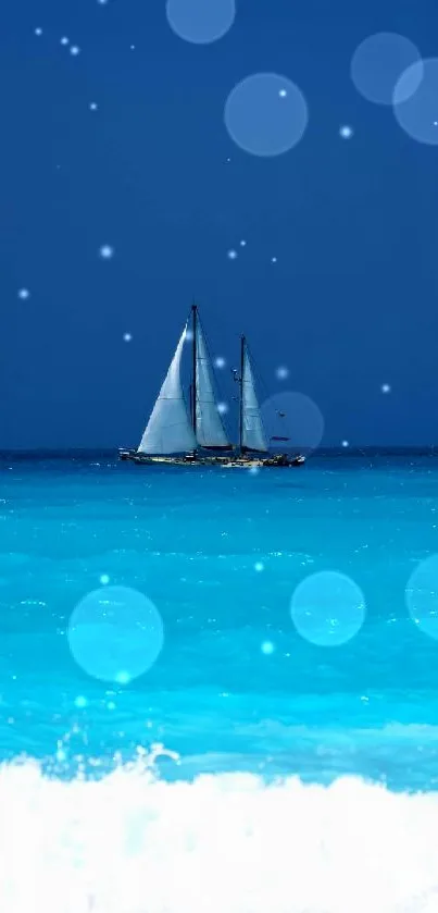 Sailboat on a vibrant blue ocean under a clear sky.