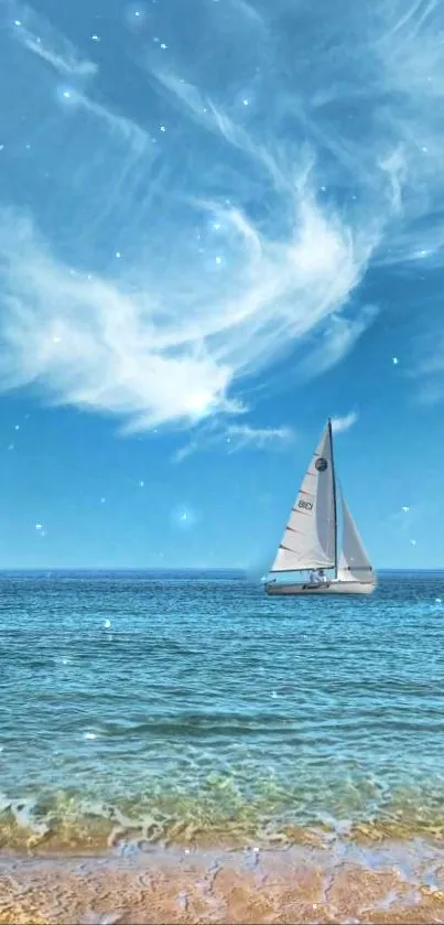 Sailboat on a serene ocean with a bright blue sky background.