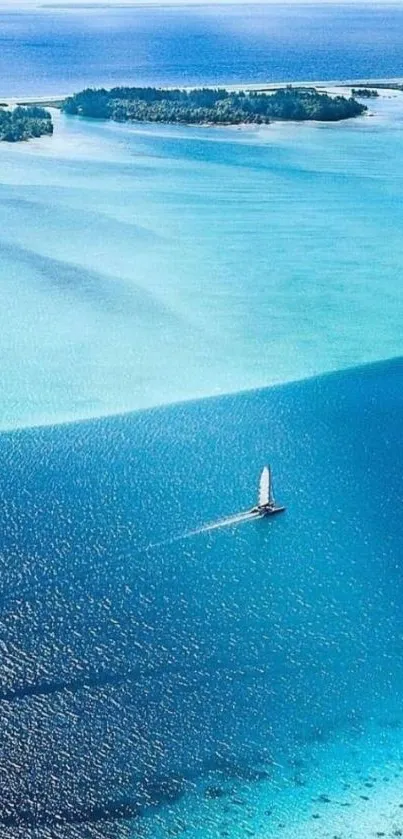 Sailboat on a turquoise ocean near islands.