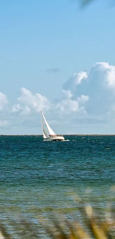 Sailboat on the serene ocean with clouds and blue sky.