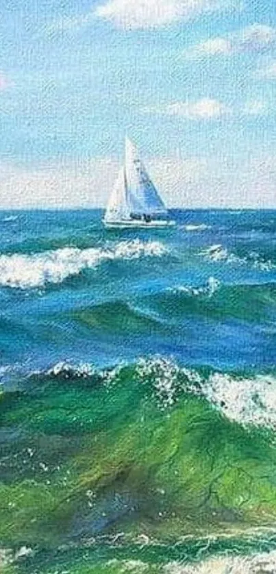 Sailboat on blue and green ocean waves.