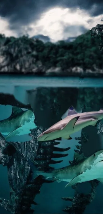 Sharks swimming through ancient ruins in a surreal teal ocean landscape.