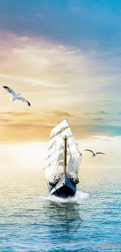 Majestic sailing ship on a tranquil ocean under an expansive blue sky with seagulls.