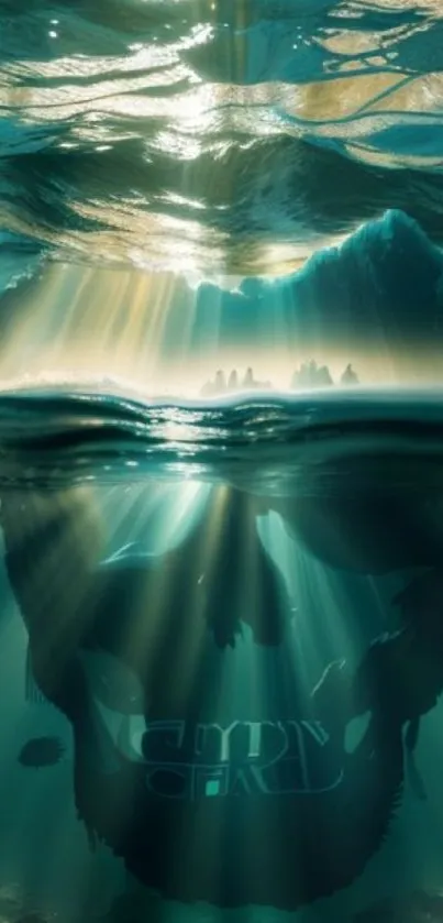 Serene ocean view with split underwater scene, sunlight streaming through.