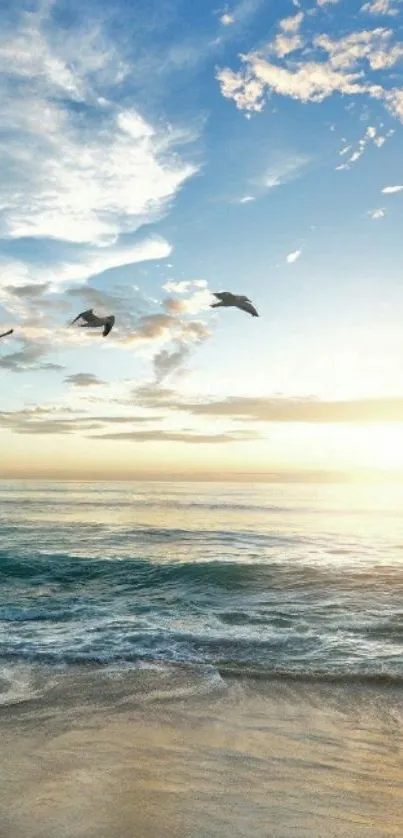 Serene ocean sunrise with birds flying over waves and a vibrant sky.