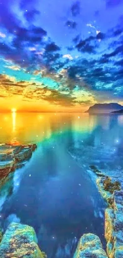 Serene sunrise over ocean with vibrant blue and yellow hues.