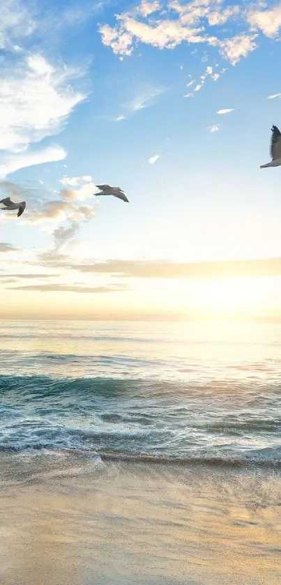 Serene ocean sunrise with seagulls and waves, perfect calming wallpaper.