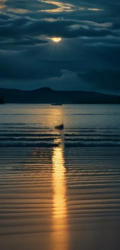 Serene ocean sunset with glowing reflections and dark clouds.