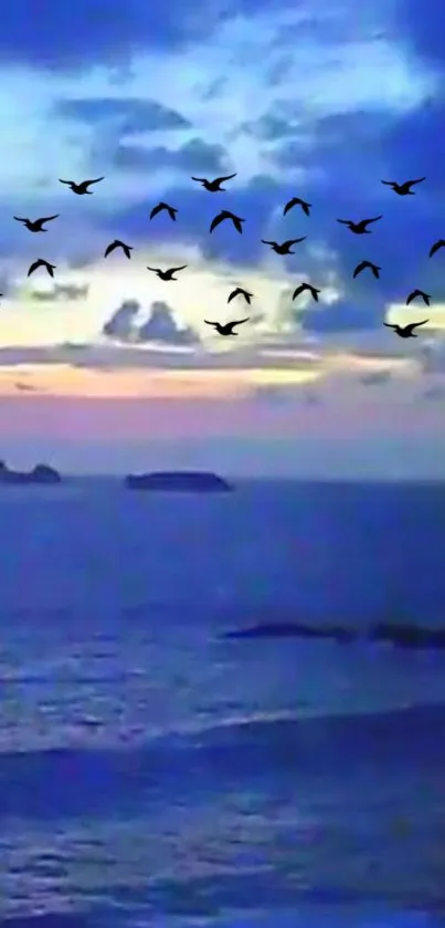 Serene ocean sunset with silhouetted birds flying across vibrant blue sky.