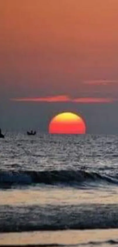 Vibrant ocean sunset with boats on horizon.