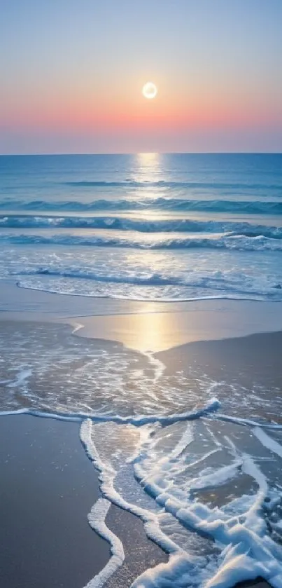 Serene sunset over ocean with gentle waves and a radiant sky.