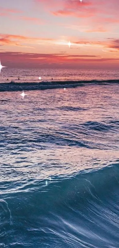 Mobile wallpaper of a serene ocean sunset with purple and pink hues.