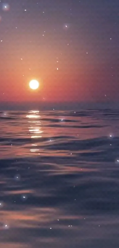 Serene ocean sunset with starry sky and shimmering water reflections.