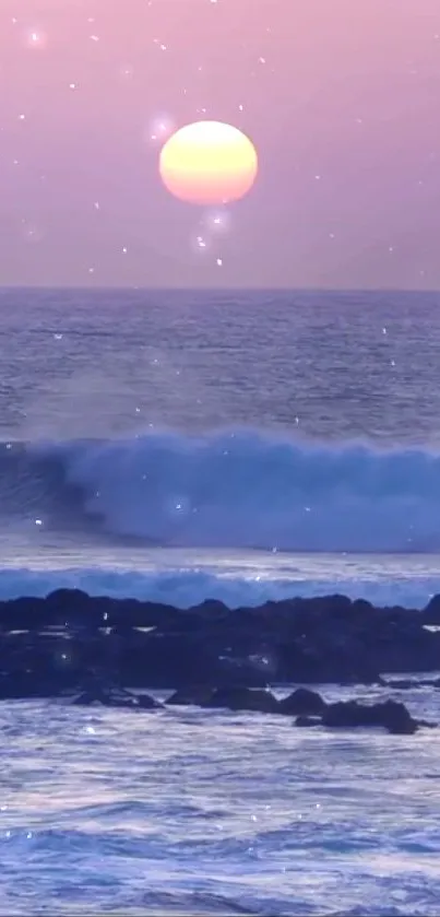 Serene ocean sunset with waves under a lavender sky.