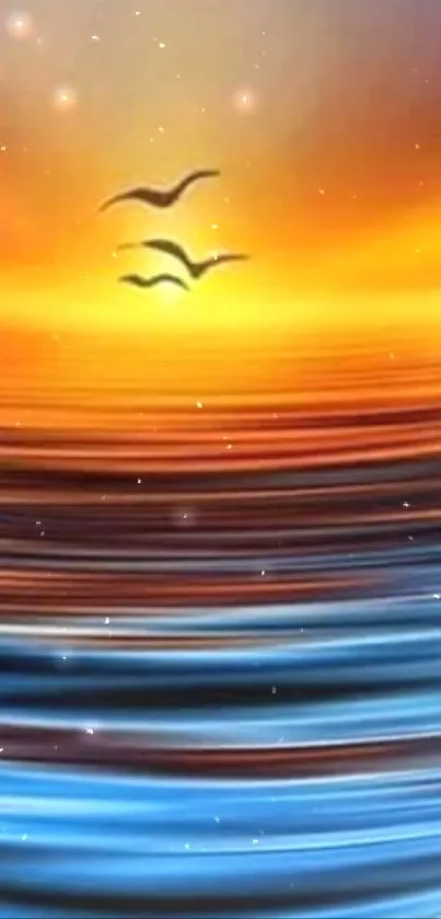 Serene ocean sunset wallpaper with seagulls and vibrant colors for mobile phones.