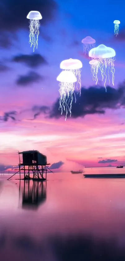 Serene ocean sunset with vibrant purple and pink sky.