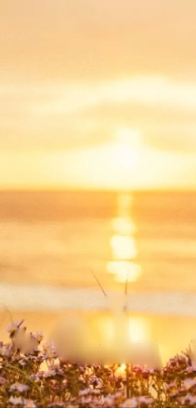 Golden sunset over ocean with purple flowers in foreground.