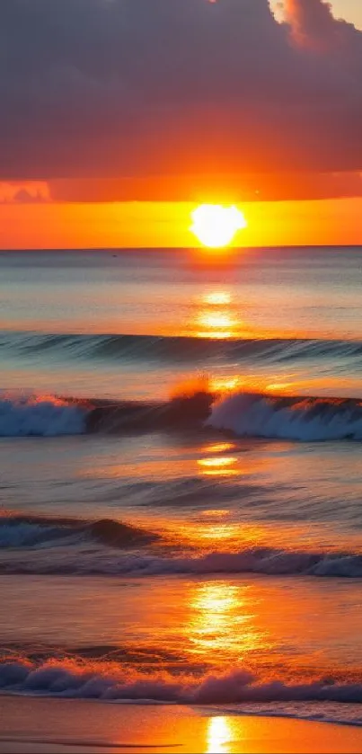 Sunset over tranquil ocean with vibrant colors.