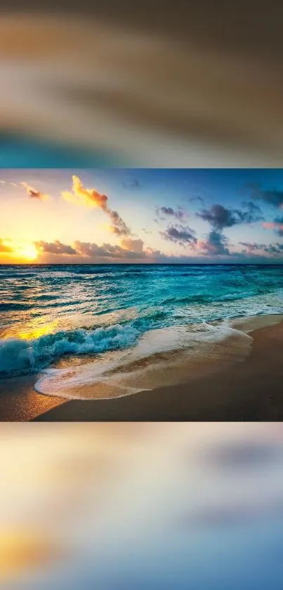 Sunset over an ocean with waves on a sandy beach and a colorful sky.