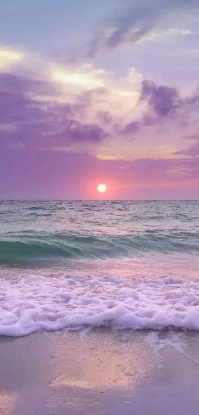 Serene ocean sunset wallpaper with lavender skies and gentle waves.