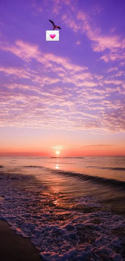 Purple ocean sunset with heart icon and waves.