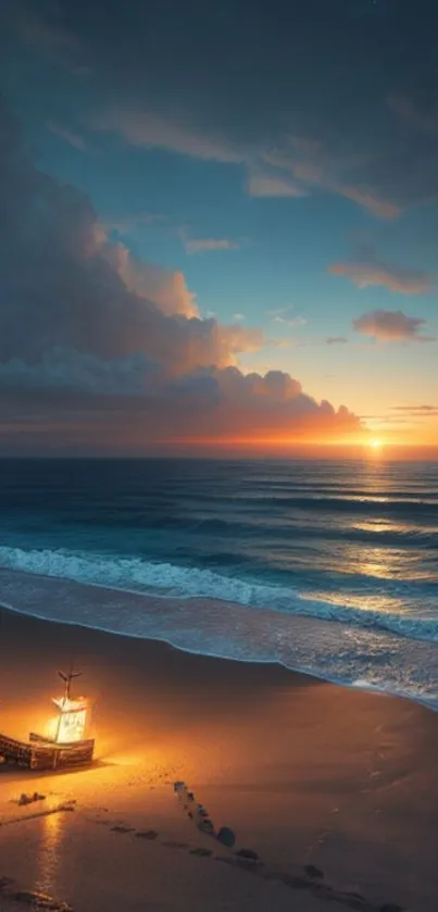 Beautiful sunset over a tranquil ocean with a sandy beach.